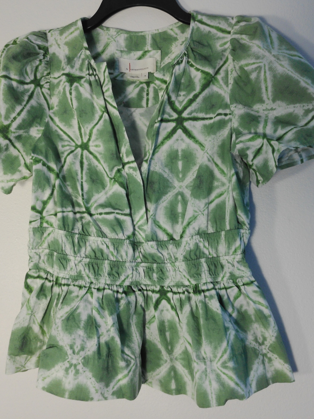 Anthropologie Green and White Tie-Dye Peplum Bodysuit